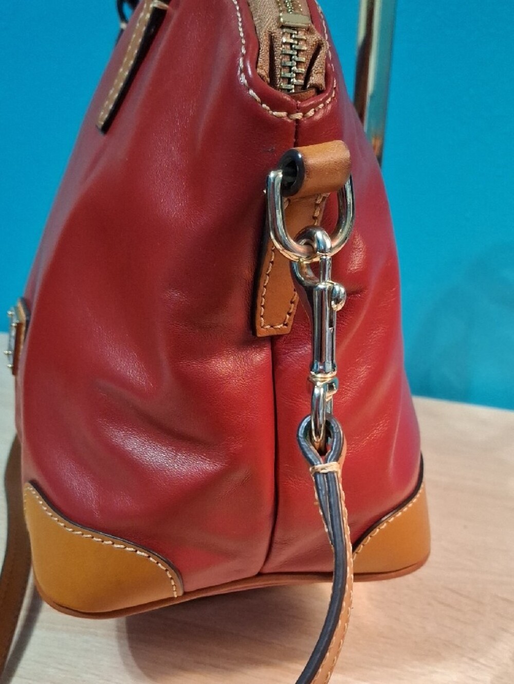 Dooney & Bourke Charli Red Leather Satchel with Brown Trim and Handles - Picture 4 of 14
